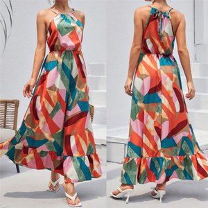 Multicolor Halter Ruffle Hem Maxi Dress